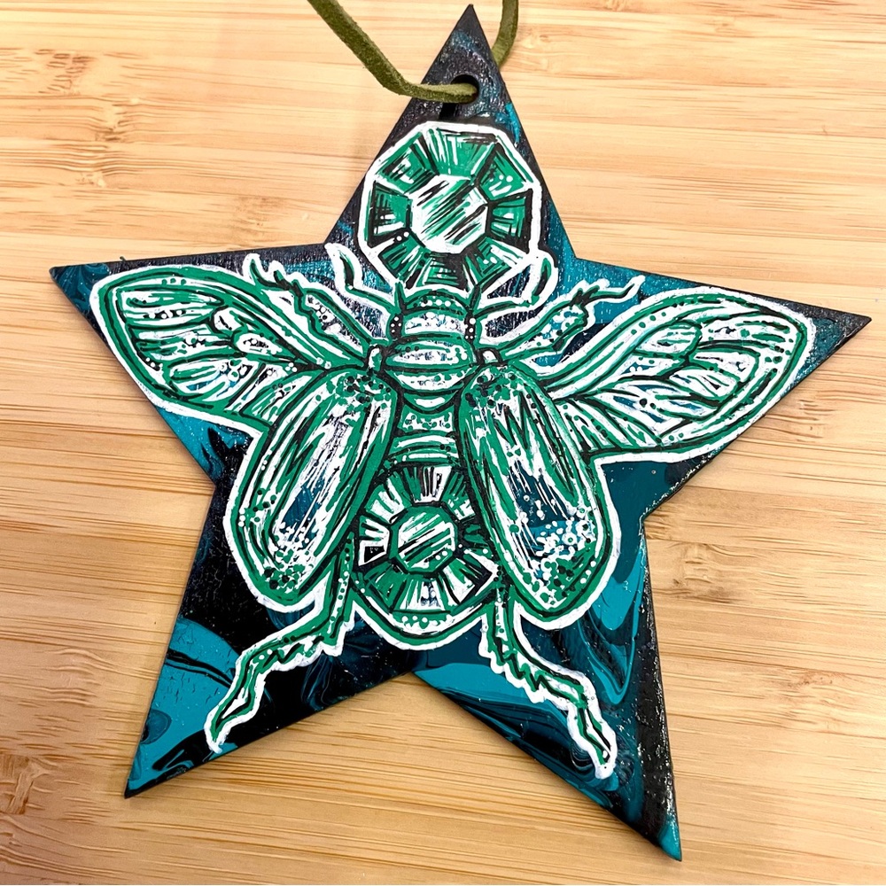 Jeweled Beetle Original Painting artwork on wooden star wall hanging mini art